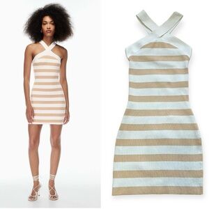 Aritzia Babaton Criss Cross Halter Knit Bodycon Mini Dress Blue Tan size XSmall